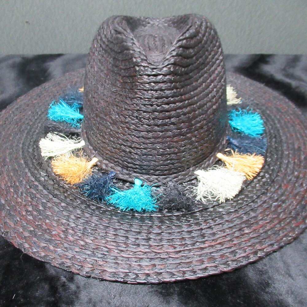 Black Straw Boho Tassel Hat
